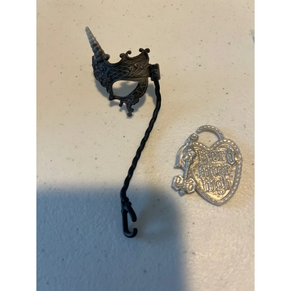 Ever After High Doll Accessories Masquerade Mask and Heart Key Silver Black Lot